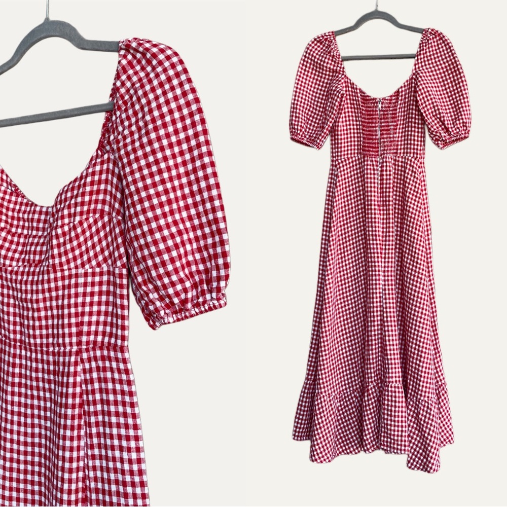 REFORMATION Red Gingham Check Puff Sleeve Cottagecore Linen Belgium Midi Dress - Picture 13 of 16